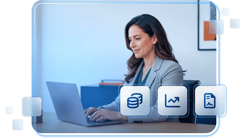 Imagem ilustrativa de executiva no notebook e ícones simbolizando a integração de Contábil, Financeiro e Fiscal Imagem ilustrativa de executiva no notebook e ícones simbolizando a integração de Contábil, Financeiro e Fiscal