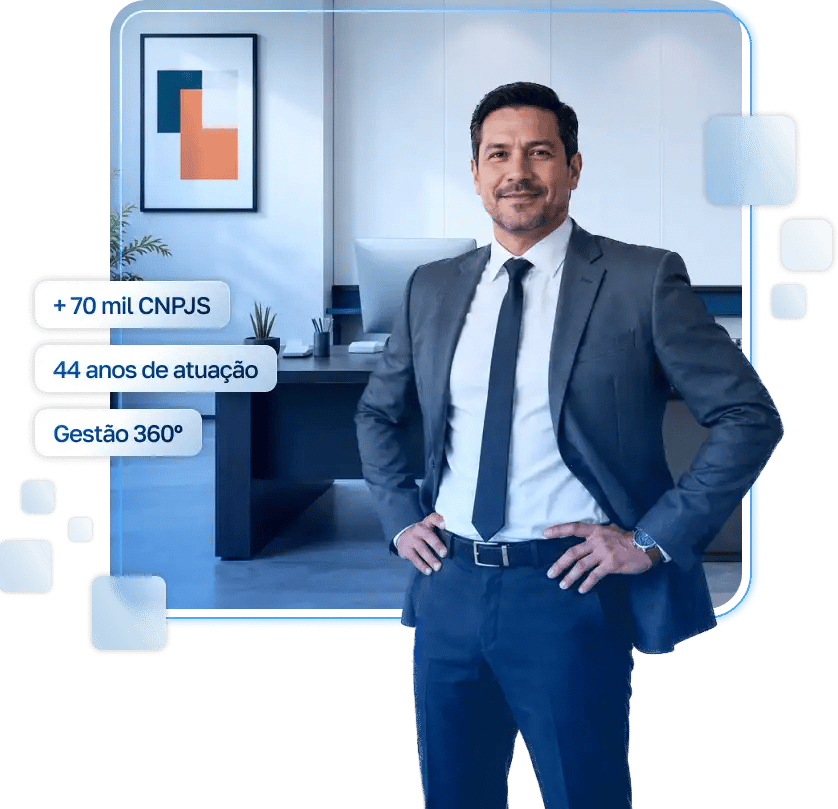 Imagem ilustrativa de executivo com caixas de texto destacando os pontos fortes da Nasajon Imagem ilustrativa de executivo com caixas de texto destacando os pontos fortes da Nasajon